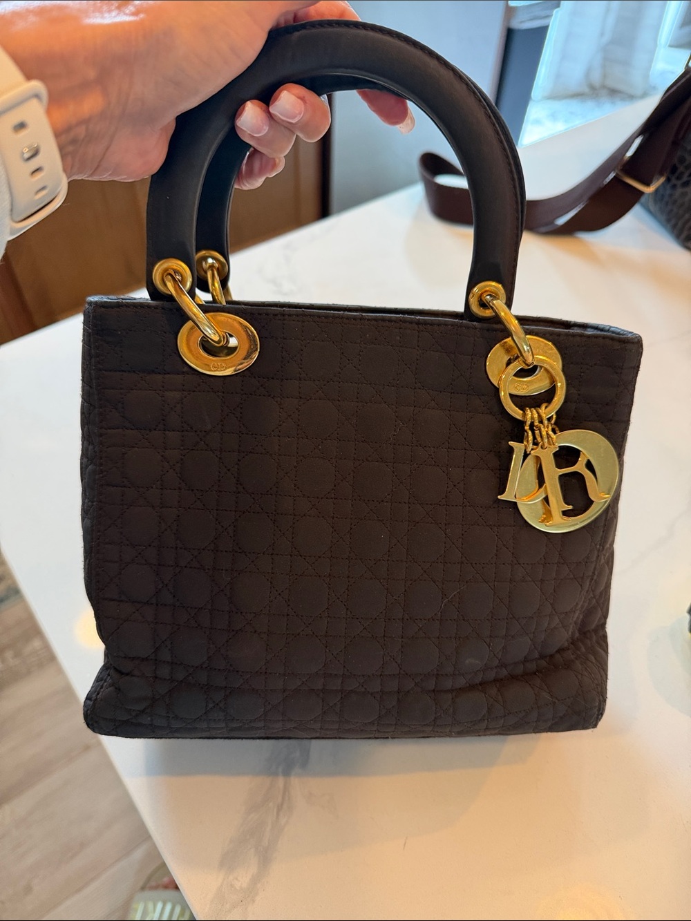 Lady Dior Black Canvas Quilted Tote with Gold Hardware and Signature Charms